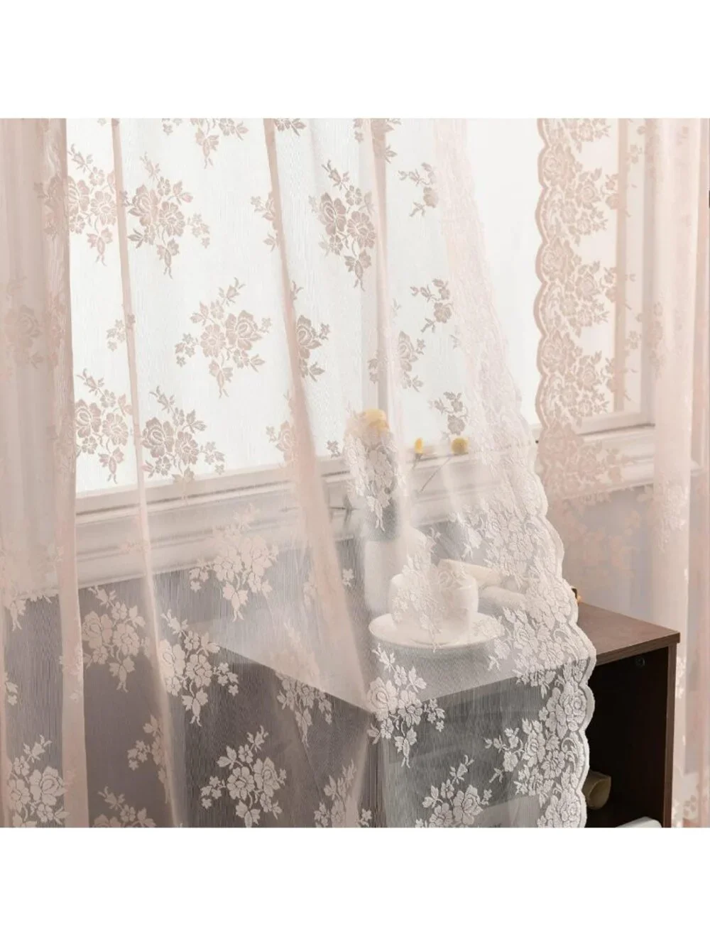 Pink Lace Curtains for Bedroom - Floral Knitted Sheer Drapes, 84